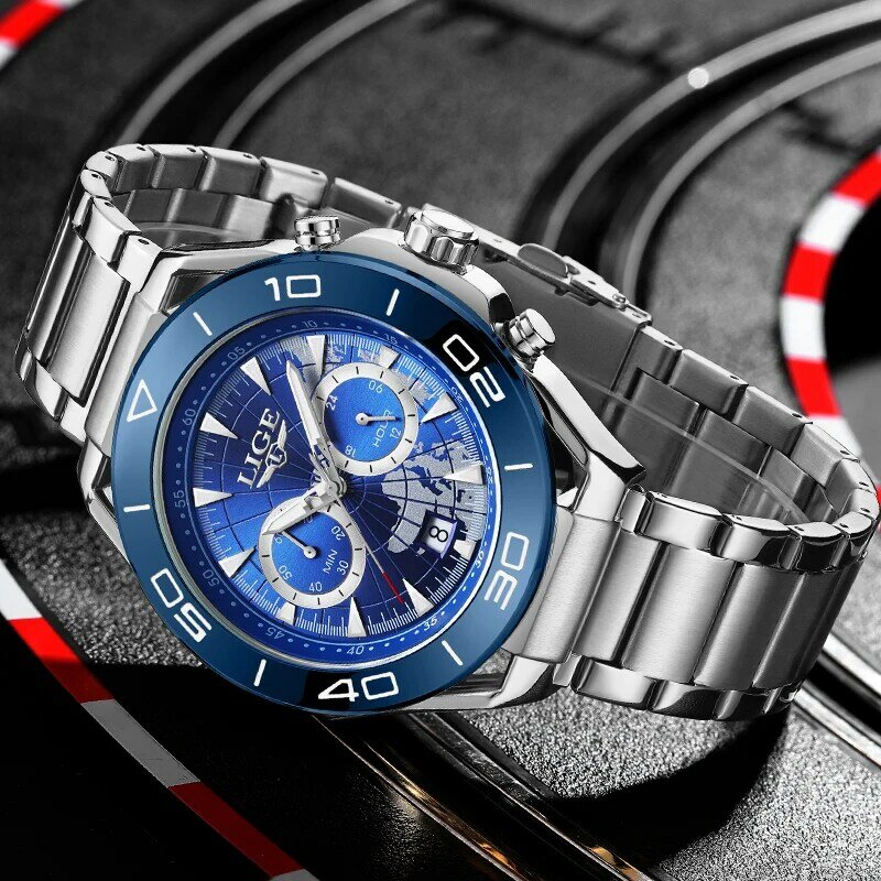 LIGE-Relógio de quartzo impermeável de aço inoxidável masculino, Relógios esportivos, Cronógrafo, Data, Top Brand