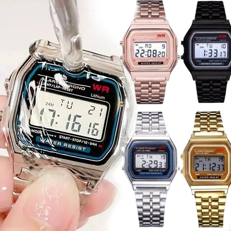 F91W 스테인리스 스틸 밴드 시계, 럭셔리 방수 레트로 디지털 스포츠 밀리터리 시계, 남녀공용 전자 손목 시계