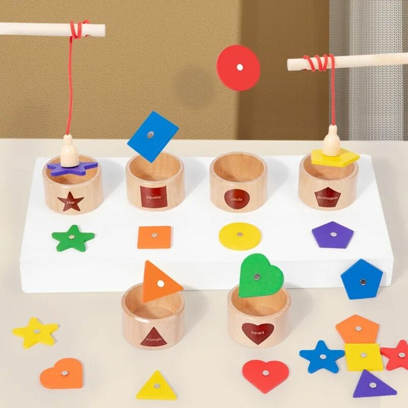 Jogo de pesca de madeira com design geométrico, combinando cores e brinquedo