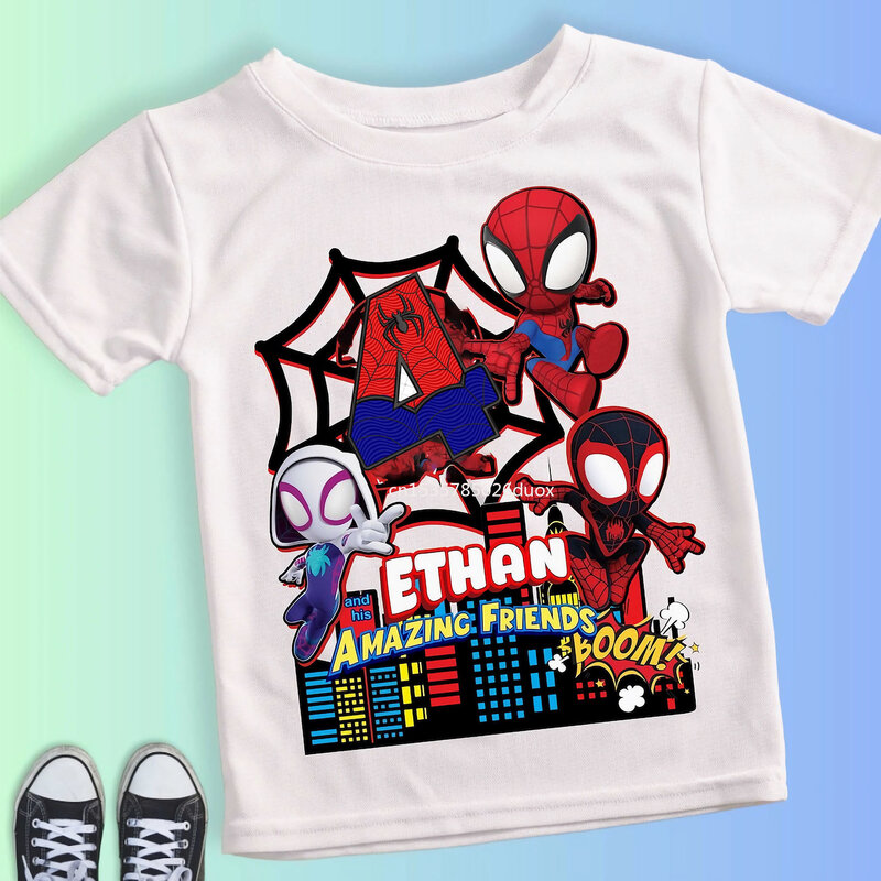 Letni dzieciak 2 3 4 5 6 7 8 9 pająk i jego koledzy biała koszula urodzinowa Spider-Man spersonalizowana koszulka urodzinowa chłopca