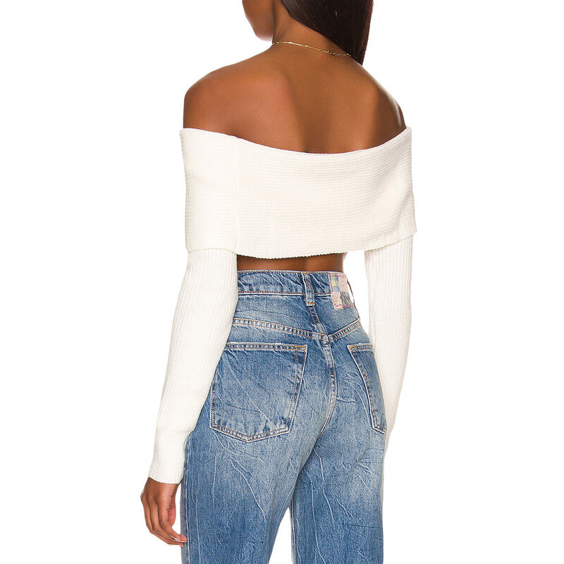 HEZIOWYUN Women's Elegant Knitted Cropped Tops Long Sleeve Tops Irregular Off-shoulder Solid Color Pullovers Clubwear Party Bar