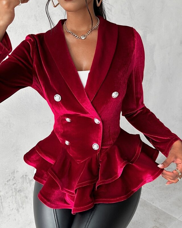 Casaco feminino de veludo duplo babados trabalho blazer, elegante casaco manga comprida, casaco de temperamento entalhado, venda quente, outono, 2023