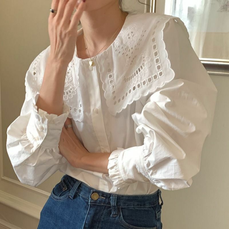Summer Elegant Fashion Irregular Korean Style Retro Women's Shirt Solid Color Hollow Out Button O Neck Long Sleeve Y2K Chic Tops