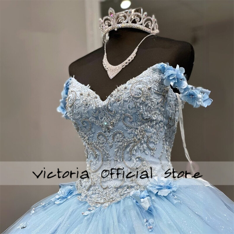 Projektant niebieskie kwiaty 3D Quinceanera sukienki Off The Shoulder suknia balowa słodka szesnastka sukienka suknie ślubne Vestido de gala