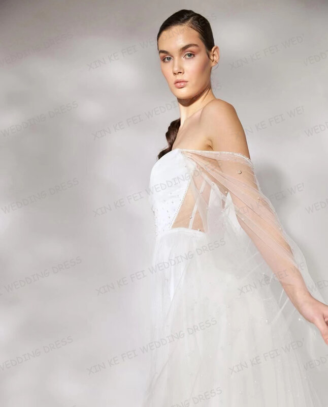 2024 레이스 숄 얇은 명주 그물 웨딩 드레스, 섹시한 A 라인, 섹시한 오프 숄더, 연인 백리스 신부 가운