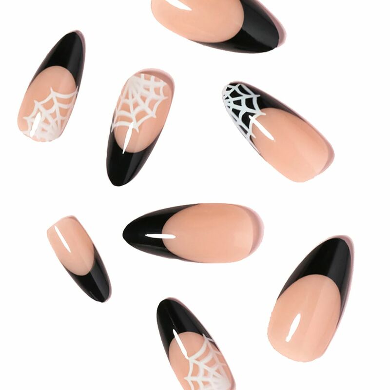 24 pezzi di unghie finte con Design a testa di mandorla linee bianche nere unghie finte stampa francese indossabile ovale sulle punte delle unghie