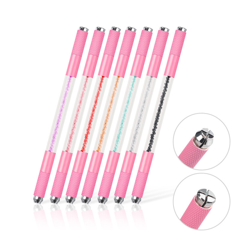 10pcs Pink Microblading Double End Crystal Acrylic Tattoo Manual Pen Permanent Makeup Eyebrow Lip Tools Use For Flat/Round Blade