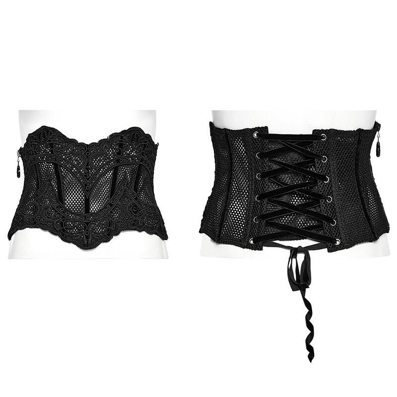 PUNK RAVE-corsé gótico de malla hueca y calcomanías de encaje para mujer, en la espalda cinta de terciopelo, accesorios de Club, cinturones de cintura ancha