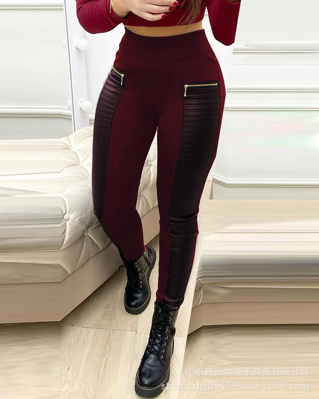 Calças de couro monocromático feminino, calça preta, nova moda, 2023
