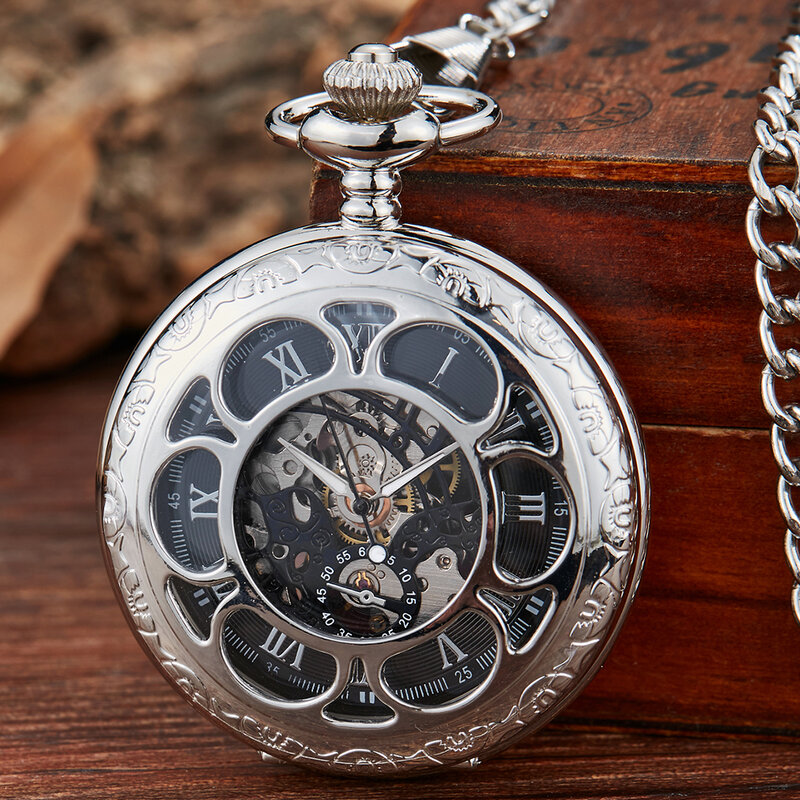 Reloj de bolsillo mecánico de lujo con números romanos para hombre, caja plateada grabada, relojes de esqueleto Steampunk, cadena Fob