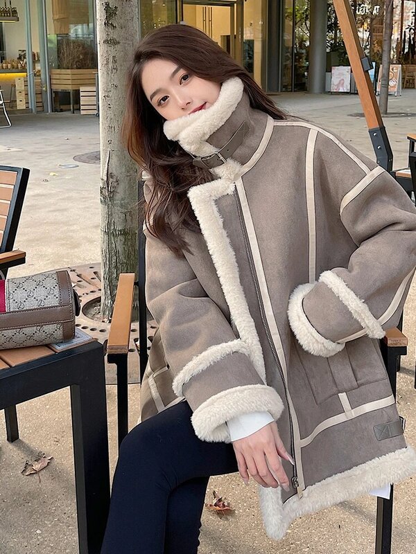 Mantel wol domba wanita, mantel wol tebal hangat Korea longgar musim dingin 2023, mantel sepeda motor bulu domba wanita