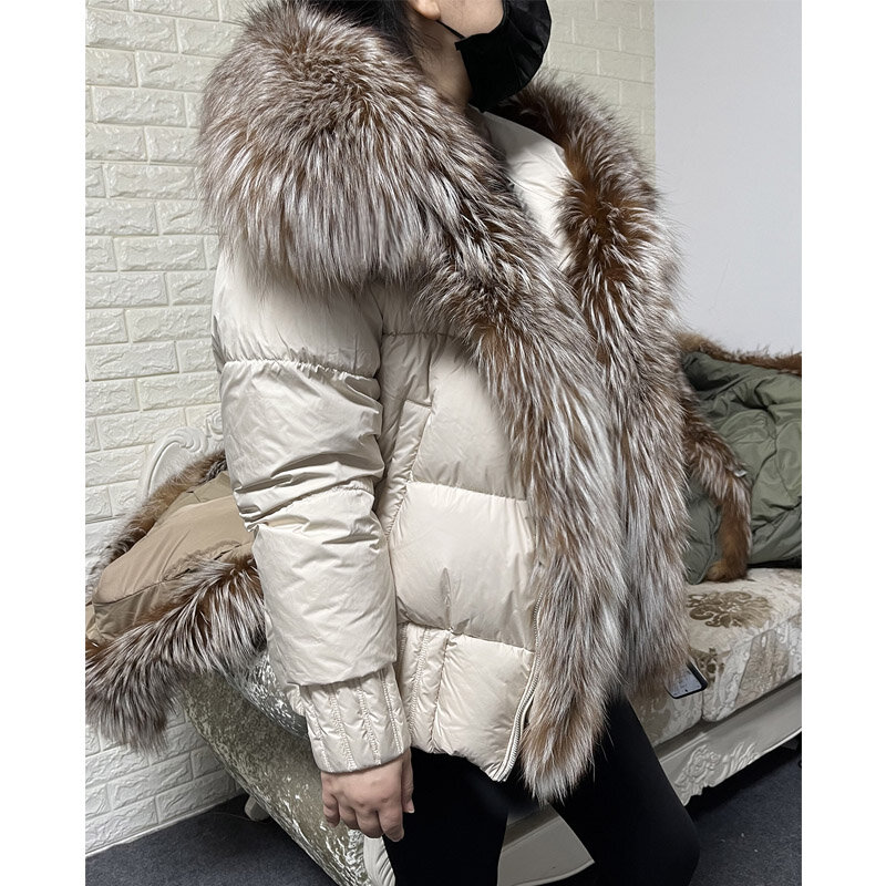 MAOMAOKONG-Chaqueta de plumón de pato para mujer, abrigo grueso de lujo con capucha y cuello de piel de zorro Real Natural, color blanco cálido, para invierno, 2023