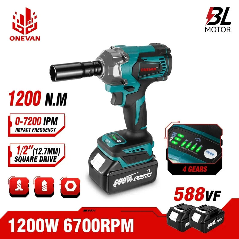 ONEVAN 1200N.M Brushless Electric Impact Wrench 3 Funtion 1/2 inch Cordless Screwdriver Electric Drill for Makita 18V Battery