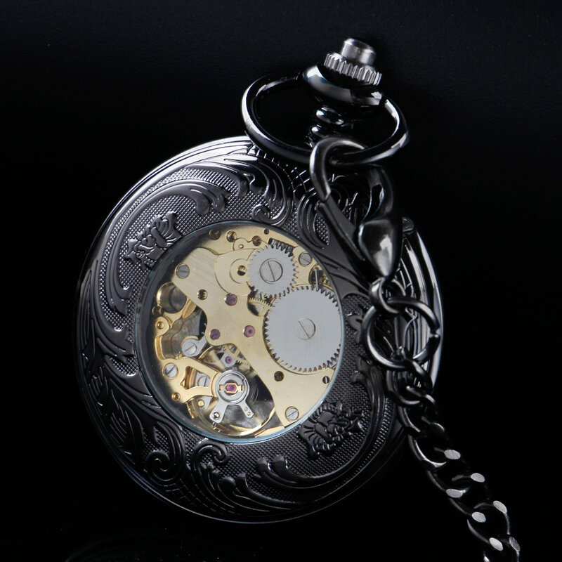 Reloj de bolsillo de engranaje hueco para hombre, pulsera de mano mecánica, informal, colgante de moda, Todo negro, Retro, PJX1361, alta calidad