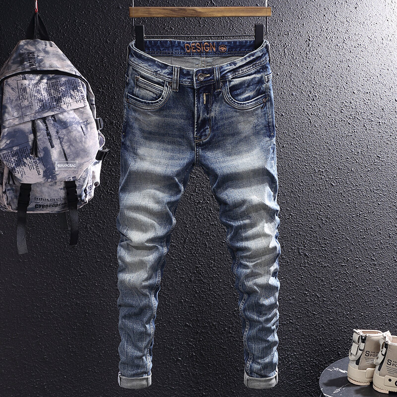 Джинсы мужские стрейчевые, винтажные брюки из денима, Стрейчевые Узкие рваные джинсы в ретро стиле, синие