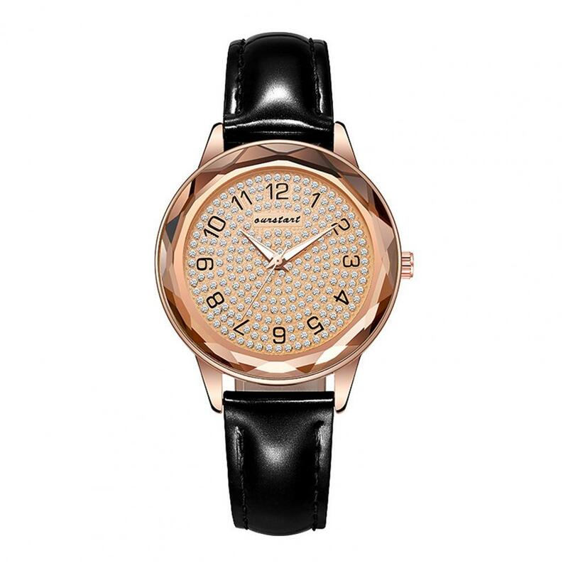 Jam tangan wanita elegan kuarsa wanita dengan Dial berlian imitasi tali kulit buatan dapat disesuaikan jam tangan akurasi tinggi untuk sehari-hari