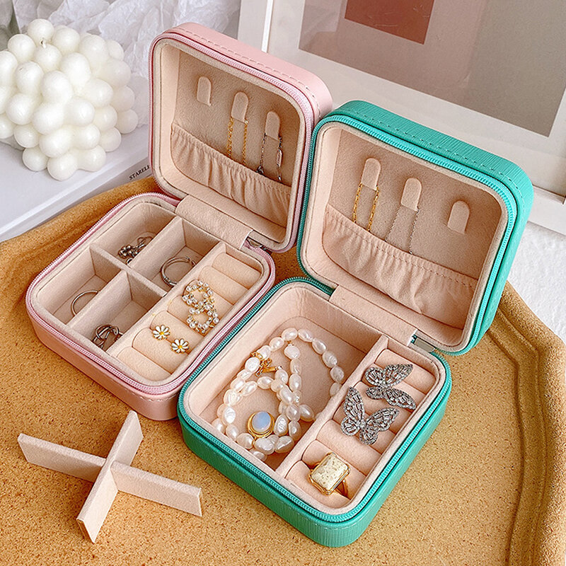 Mini Jewelry Organizer Display Travel Jewelry Zipper Case Boxes Earrings Necklace Ring Portable Jewelry Box Flip Top Storage