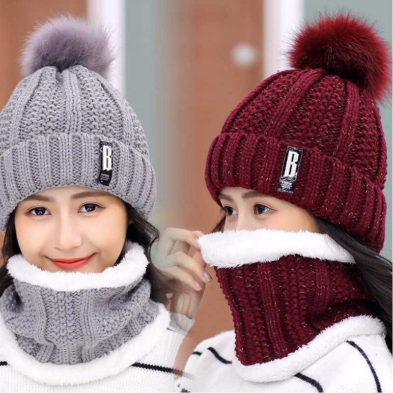 ฤดูหนาวถักหมวกผ้าพันคอชุดหนาอบอุ่น Skullies Beanies หมวกสำหรับหมวกผู้หญิงกลางแจ้งหิมะสกีหมวก Bonnet สาว