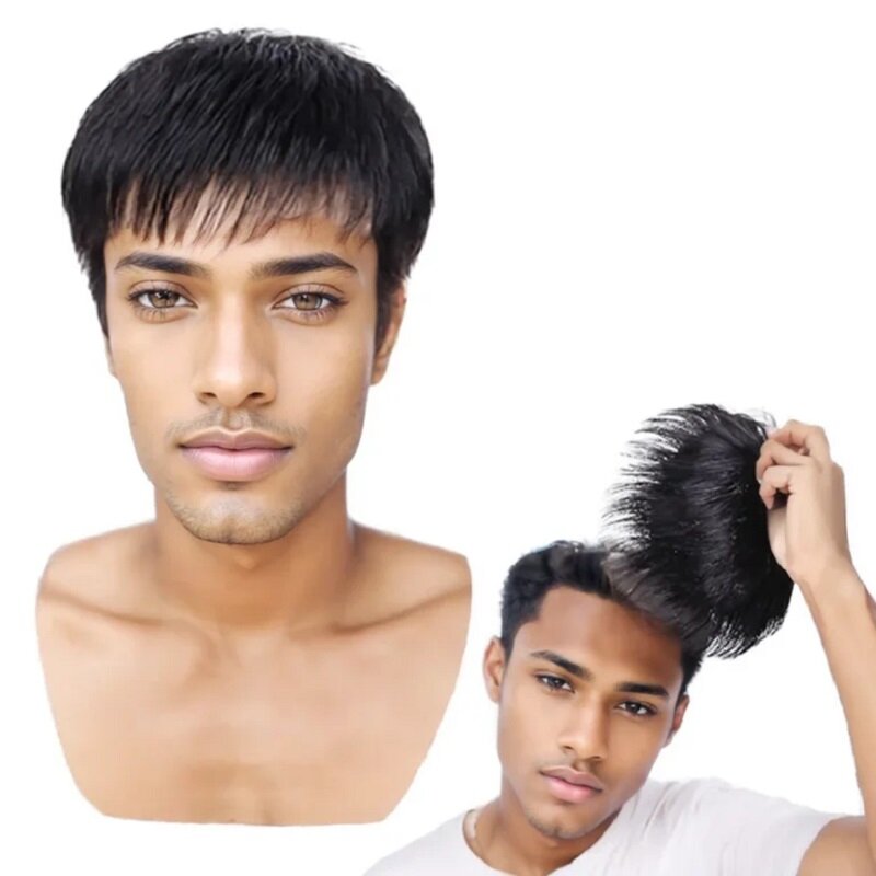 Ciemny czarny peruka syntetyczna dla mężczyzn 13 × 14 Koronkowa peruka z krótkimi włosami bezklejowa z prostymi grzywkami naturalny wygląd codziennego użytku
