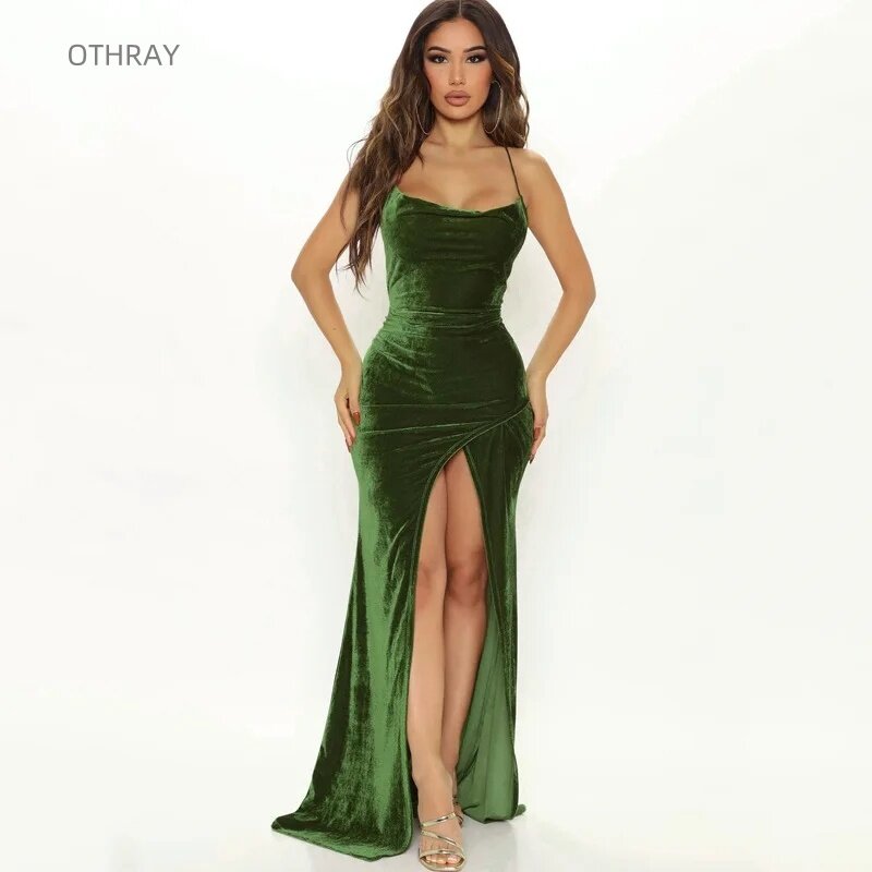 Gaun Maxi ketat wanita, gaun pesta elegan belah samping punggung terbuka Bodycon seksi Prom pakaian renda tali beludru hijau untuk