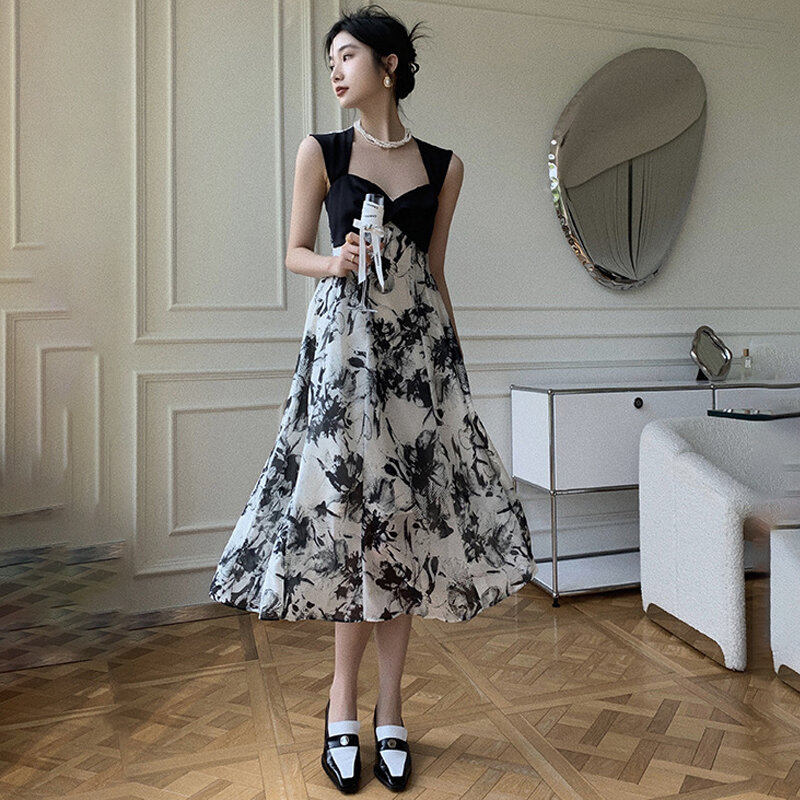 새로운 긴 치마 민소매 하이 웨스트 드레스 파티의 흑백 인쇄 서스펜더 드레스, 한국어 버전