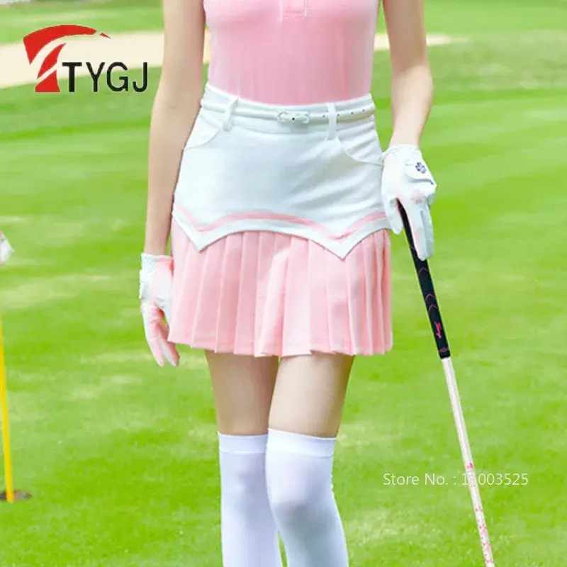 TTYGJ Ladies Golf Skirt Women Breathable Pleated Golf Skort Girls Patchwork Anti-exposure Skirts High Waist Slim Sport Culottes
