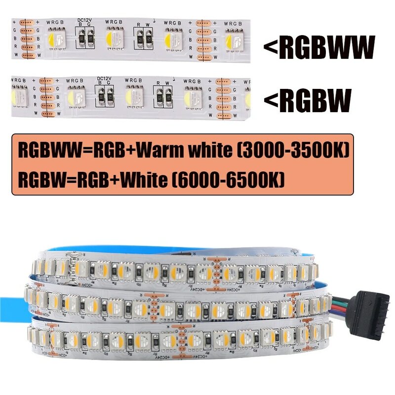 RGBW Strip LED RGBWW DC 12V 24V 4 warna dalam 1 Chip SMD 5050 60 108 120 Leds/M lampu tali pita fleksibel