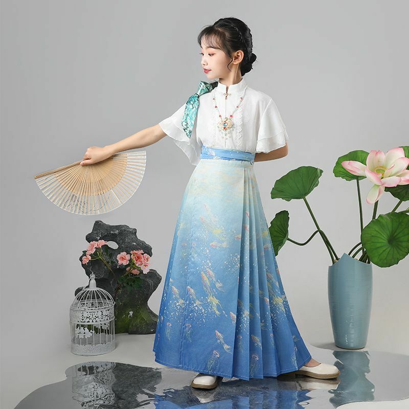 Traje de falda con cara de caballo para niña, ropa de actuación de baile Hanfu hecha a mano, primavera y otoño, 2024