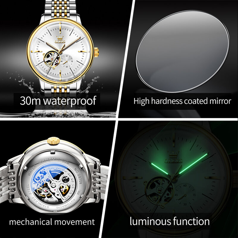 OLEVS นาฬิกาข้อมือผู้ชายระบบอัตโนมัติ, นาฬิกากลไกสแตนเลสสตีลระดับไฮเอนด์สำหรับผู้ชาย