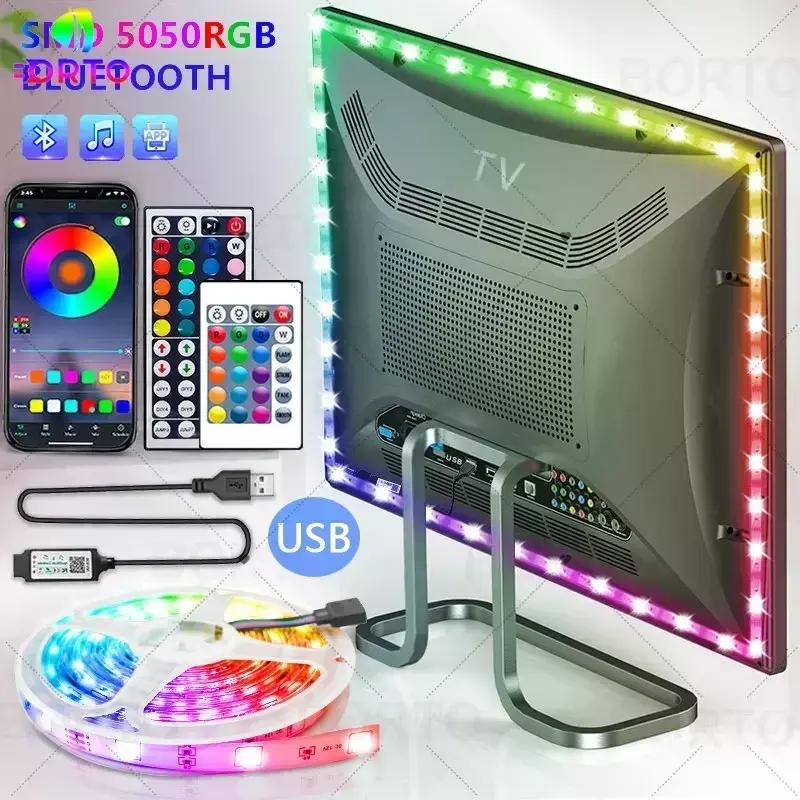 Pita Lampu Strip LED USB Bluetooth 5050 SMD 5V Lampu USB RGB Pita Lampu LED Fleksibel Dioda Desktop TV Berperekat RGB