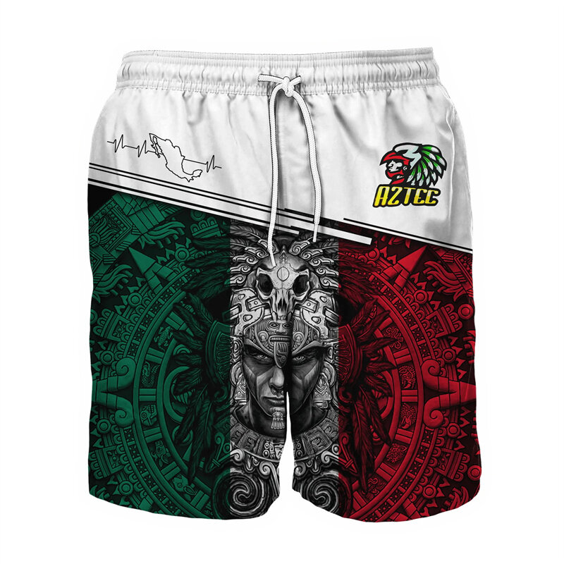 Shorts de praia masculino com bandeira do México, impresso em 3D asteca, esportes ao ar livre, calções de surfe, calção casual de verão, calças curtas de rua