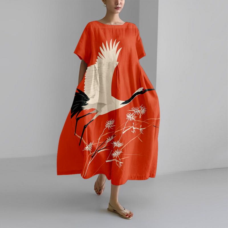 Sommerkleid 2024 Kran Print Strand kleider Luxus stilvolle übergroße Kleid Frauen Mädchen beliebte Kleidung Party Vestido elegante Robe