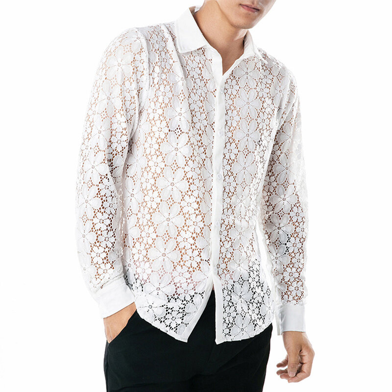 Camisa masculina de colarino poliéster, camisa de botão, camisa sexy, monocromática, quatro estações, moda elegante quente, boate