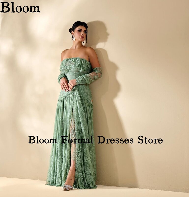Bloom-Vestidos de Noche de encaje elegantes, sobremangas, volantes, abertura sin tirantes, moda de Arabia, vestidos de graduación, vestido de fiesta de boda