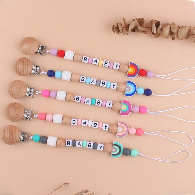 Smoczek dla niemowląt klipsy spersonalizowana nazwa DIY drewniane tęczowe smoczki na sutki łańcuszek z klamerką nowonarodzonych gryzaki nowonarodzonych akcesoriów