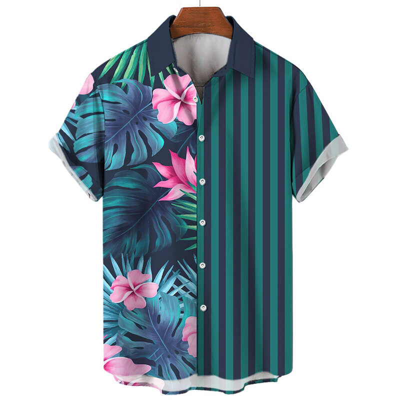 하와이안 남성용 줄무늬 꽃 패턴 셔츠, 3D 프린트 캐주얼 반팔 상의, 여름 신상 패션 의류, 세일 셔츠