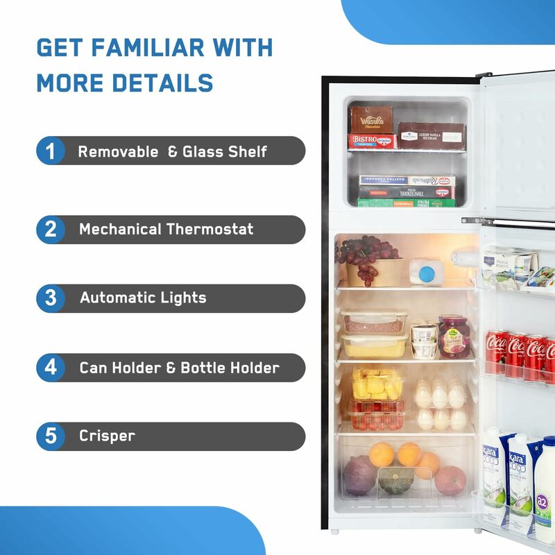 Холодильник, небольшой холодильник с морозильной камерой, верхняя морозильная камера, регулируемый термостат управления, дверные качели, черный (FR 472 BK)