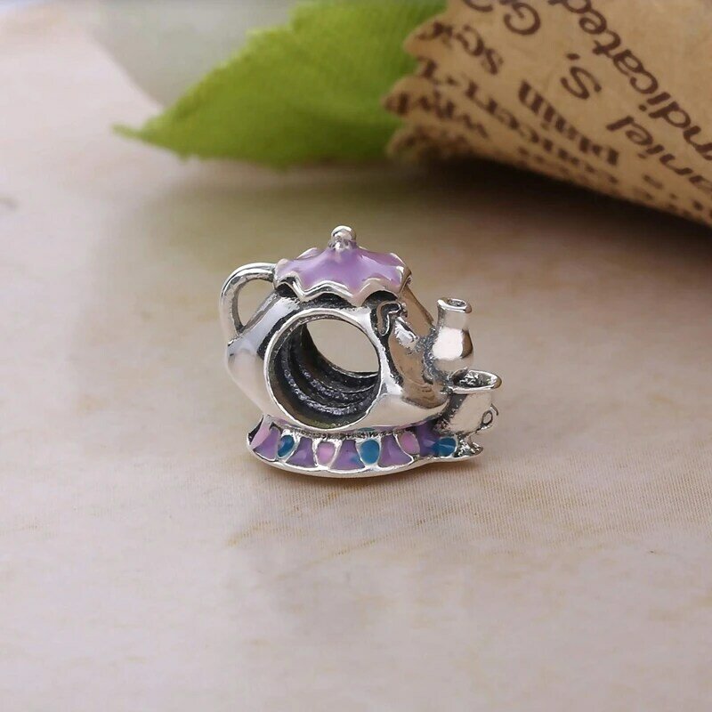 Gelang cocok untuk Pandora Beauty and The Beast Charms wanita Potts Disney dan Chip manik-manik teko ungu menjuntai untuk pembuatan perhiasan