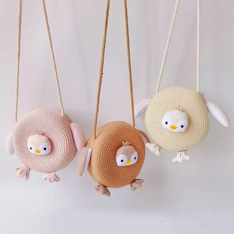 Children Girls Shoulder Bag Cute Penguin Straw Bag Messenger Bag Kids Keys Coin Purse Mini Round Bag New Fashion Handbag