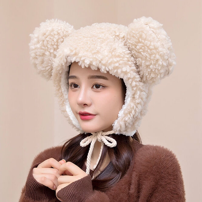 Winter Women Warm  Plush Thickened Cute Bear Hat Imitation Cashmere Girl Outdoor Cartoon Hat Interesting And Novel Beige