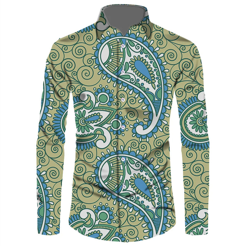 Camisa estampada 3D com flor de caju paisley masculina, gola virada para baixo, botão, tops de manga comprida, moda vintage, roupas streetwear