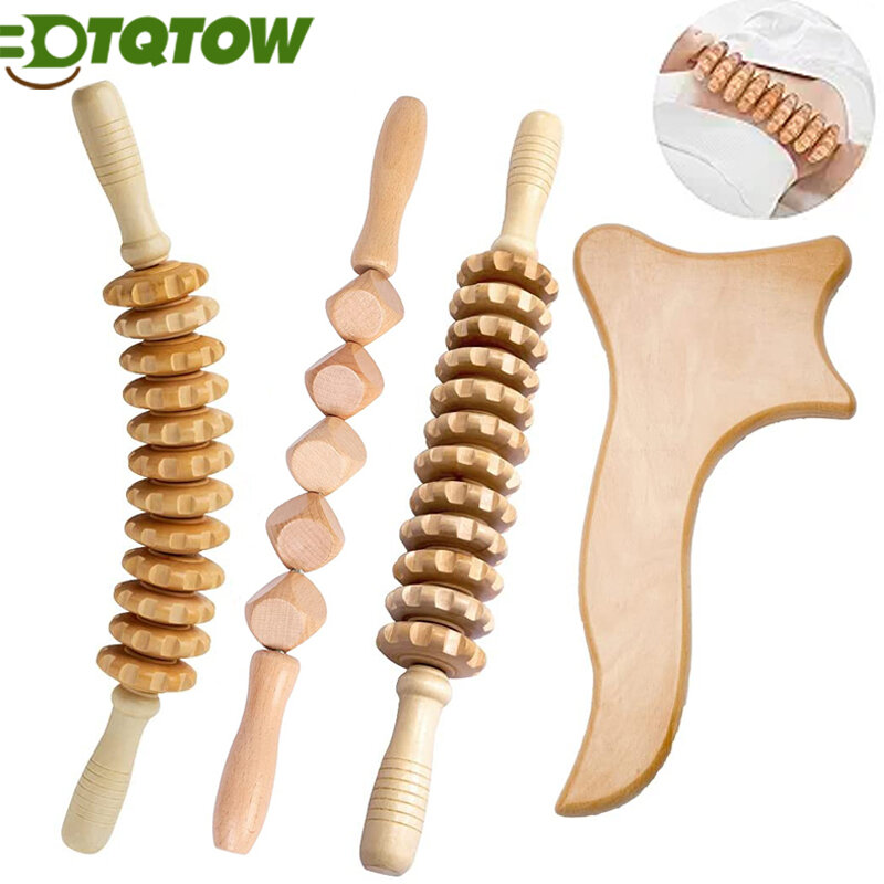 4-in-1 Wood Therapy Massage Tools Wooden Massager Body Sculpting Tool Maderoterapia Kit Wood Therapy Tool for Muscle Pain Relief