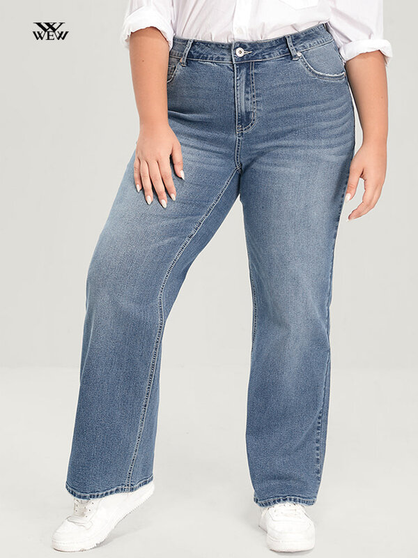Plus ขนาดกว้างขากางเกงยีนส์ผู้หญิงสูงเอวกระชับตรงกางเกงยีนส์ยืดความยาว100 Kgs 175ซมสูง Celana Jeans Denim