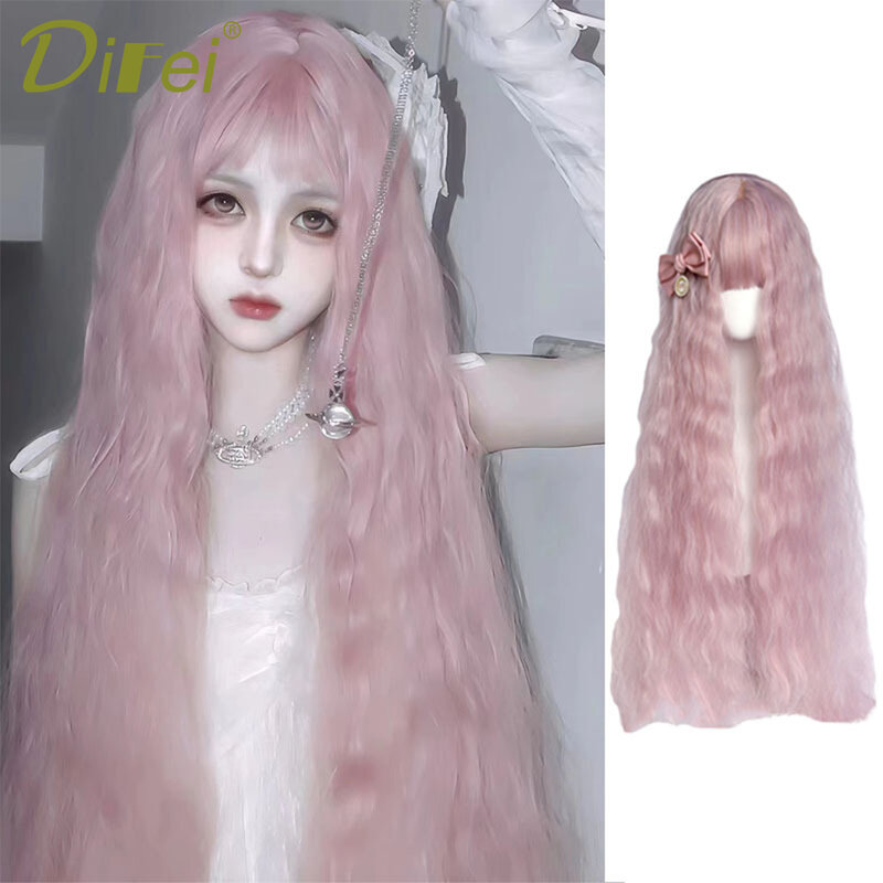 Peruca longa encaracolada sintética para fêmea, cabelo de milho Cos, chapelaria rosa, Reira Serizawa