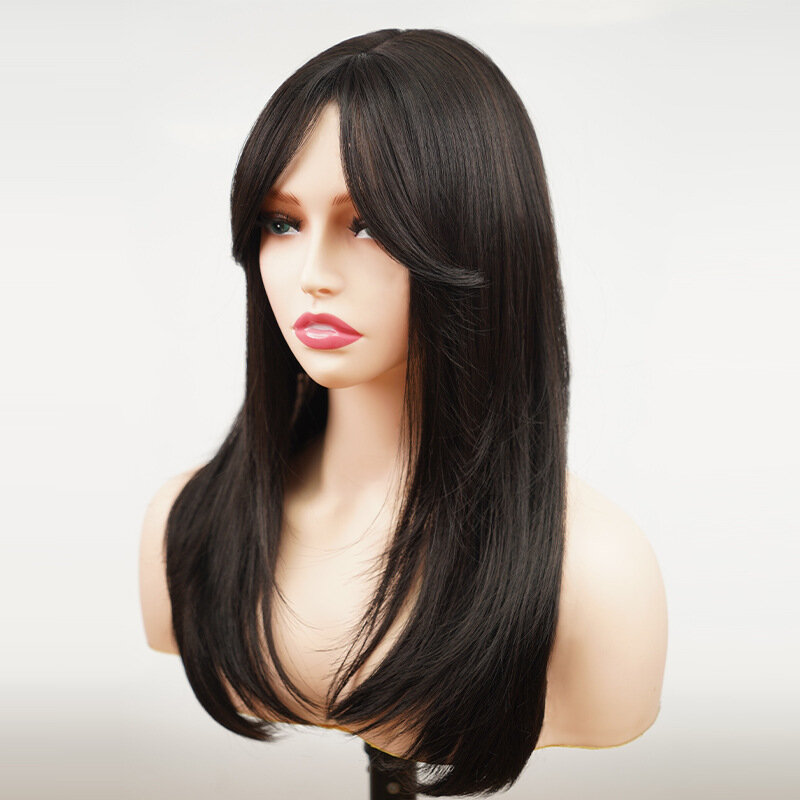 Koreańska wersja Bob jedwabista prosta syntetyczne długie peruka dla kobiet 22 Cal azja naturalne czarne powietrze grzywka włókno termoodporne peruka