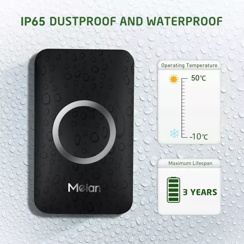 Meian-Outdoor Wireless Doorbell, Smart Home Welcome Doorbell, IP65 Waterproof Door Bell, Chime Kit, 60 Ringtone, LED Flash Alarm