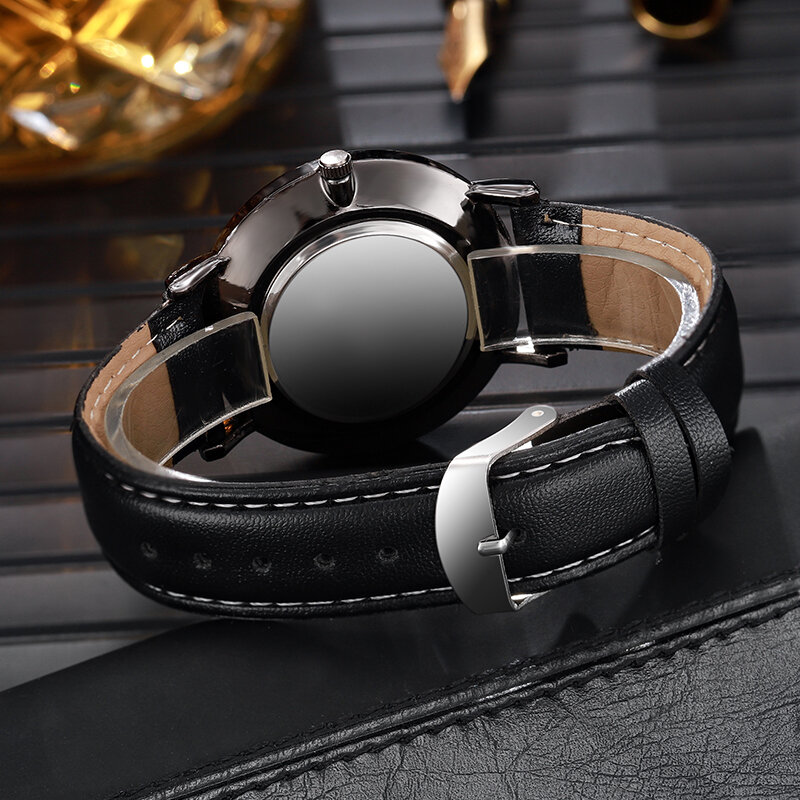 3PCS Set Fashion Simple Mens orologi uomo Business Black Beaded bracciale collana cinturino in pelle orologio da polso al quarzo Reloj Hombre