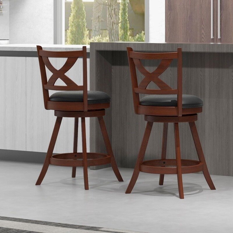 Bar Stools Set of 2, 30" Bar Height Stools with Back, Solid Rubber Wood Frame, Leather Padded Seat,  360° Swivel Barstools