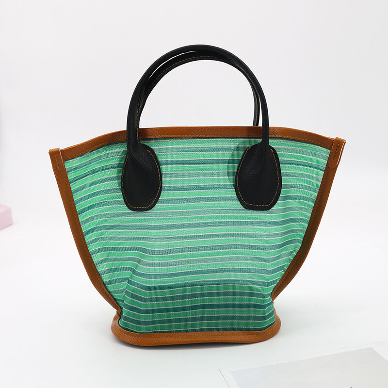 Casual Striped Mesh Women Handbags Small Tote Bag Vintage Summer Beach Bags Mini Lady Hand Bag Female Purses 2024