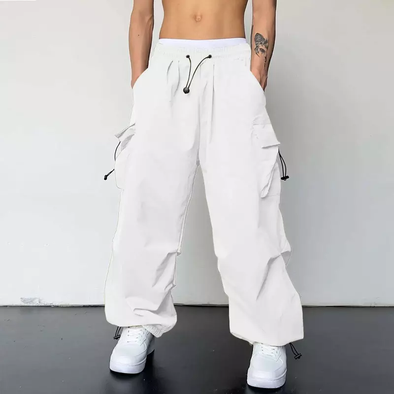 Męskie luźne spodnie Cargo stylowe regulowany sznurek wiązanie stóp joggersy Y2k jednolity kolor casualowe w stylu Streetwear spodnie z kieszenią